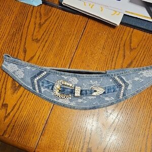 Denim Belt with Floral Lace Pattern and Rhinestone Buckle